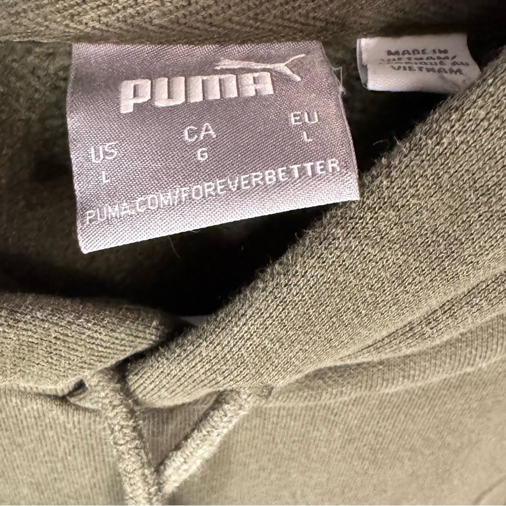 Puma Olive Green Hoodie Large Fits Small Embossed Logo Pullover - Picture 2 of 3